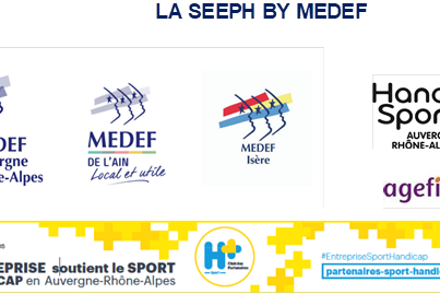 la SEEPH by Medef et ligue handisport auvergne rhone alpes logos du medef, de la ligue Auvergne Rhone Alpes handisport et du club H+Sport